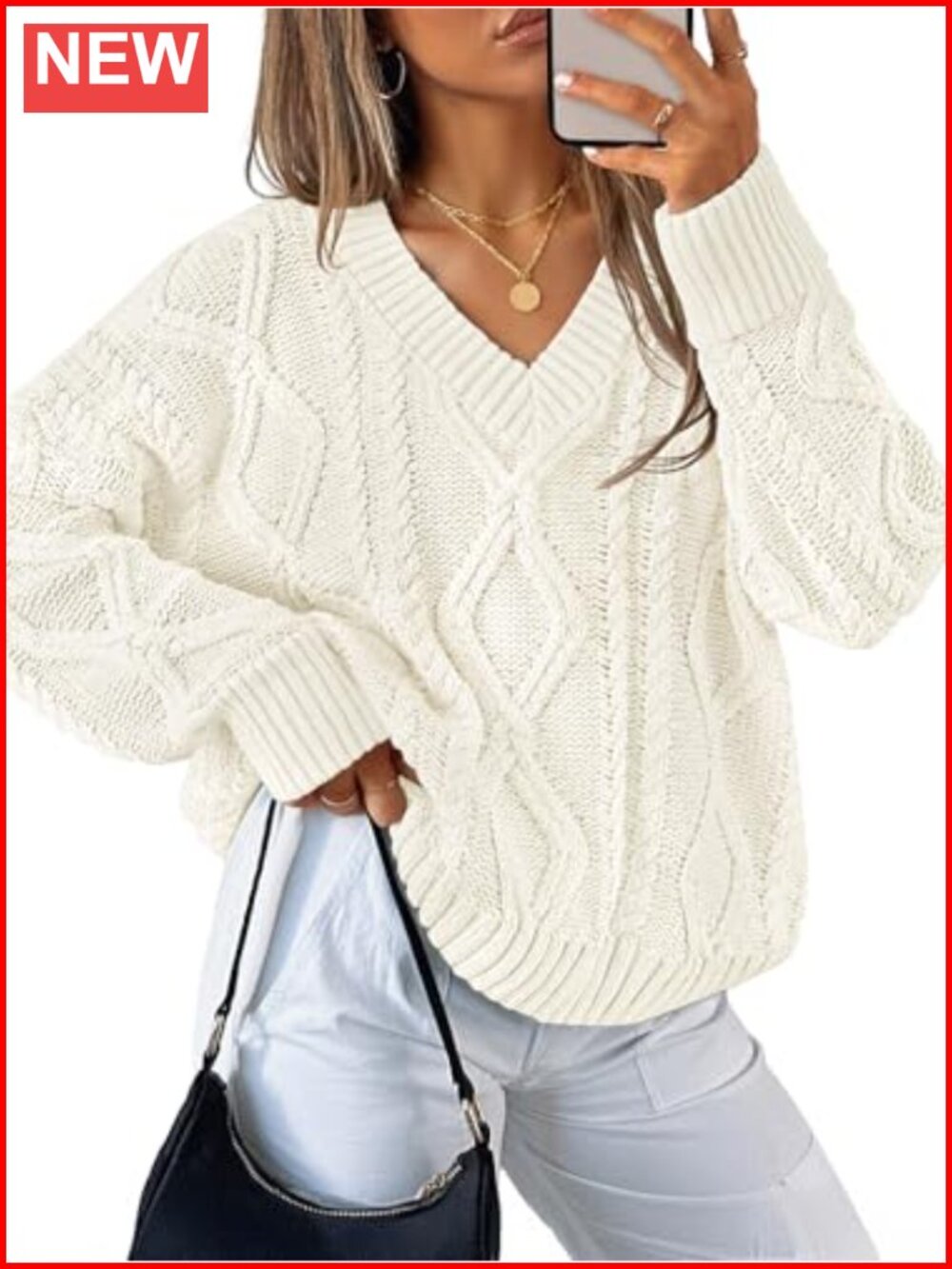 Cable Knit V-Neck Oversized Sweater Long Sleeve Pullover